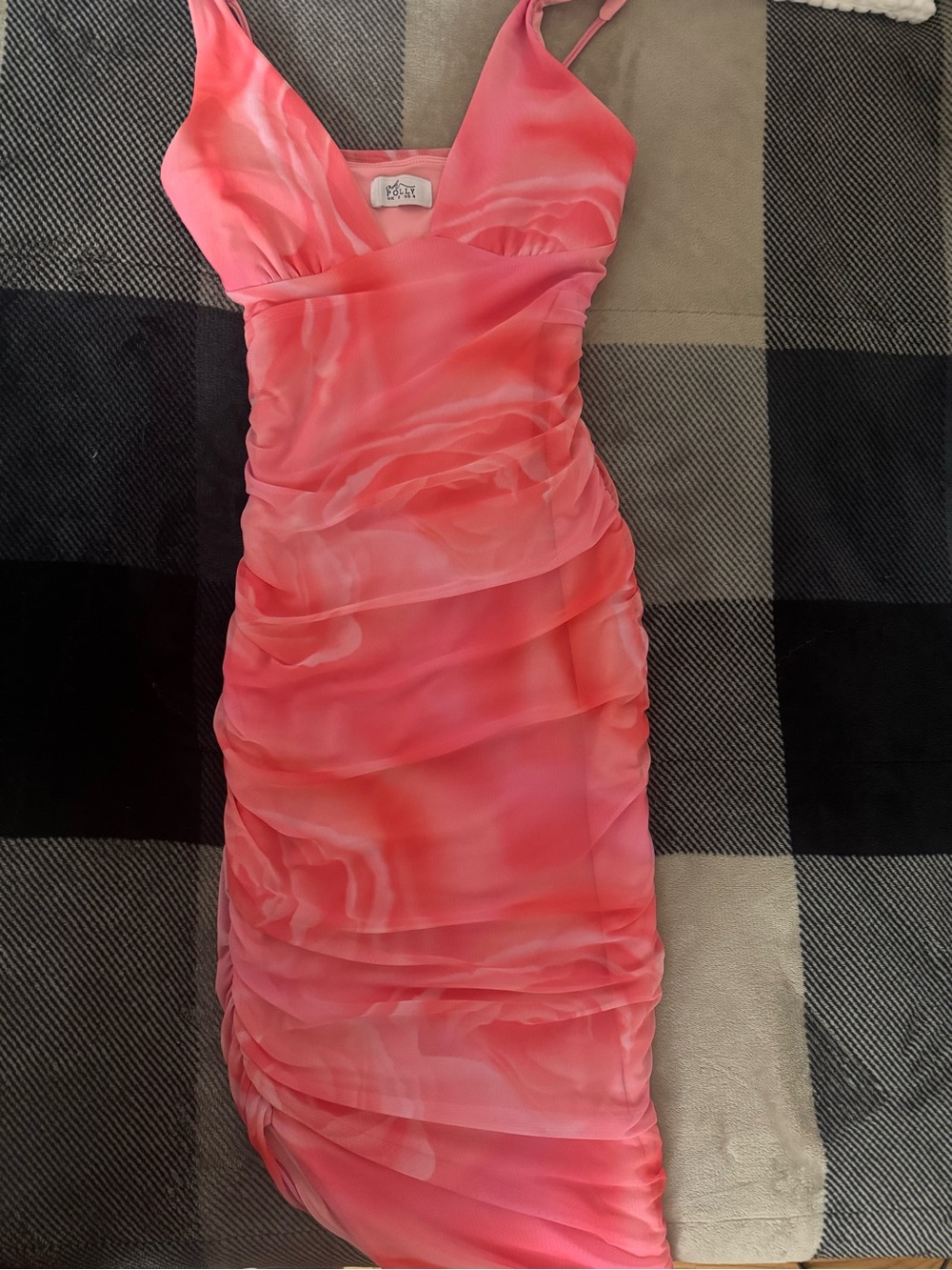 Oh Polly Coral Pink Ruched Asymmetrical Dress